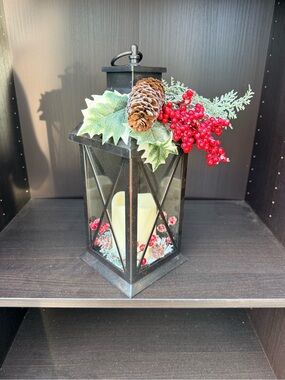 Kurt Adler Black Lantern with Pinecone, Red Berries & Green Foliage